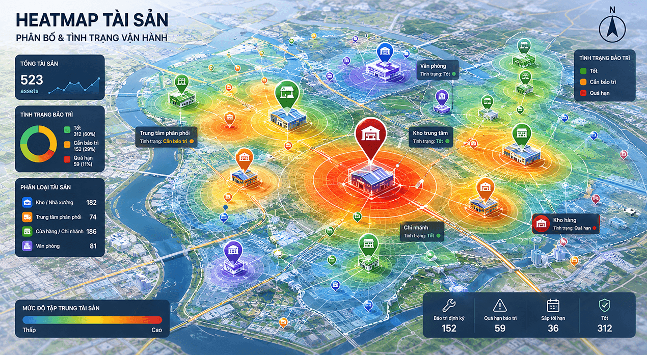Heatmap quản lý tài sản – phân phối và trạng thái rủi ro theo địa bàn